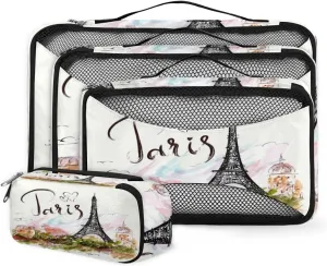 Eiffel Tower Paris 4 Piece Packing Travel Organizer Cubes Set Mesh Fabric Ventilate Design Lightweight Travel Accessories 4 Sizes (Extra Large, Large, Medium, Small)