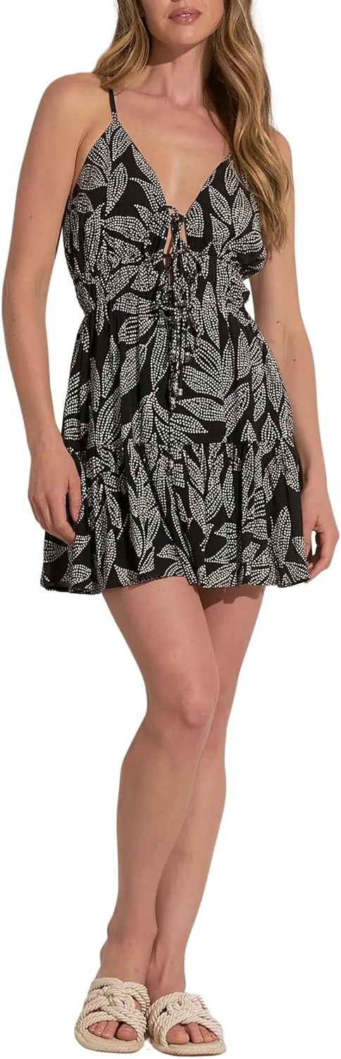 ELAN Women's Spaghetti Strap Tie Front Keyhole Cover-Up Mini Dress