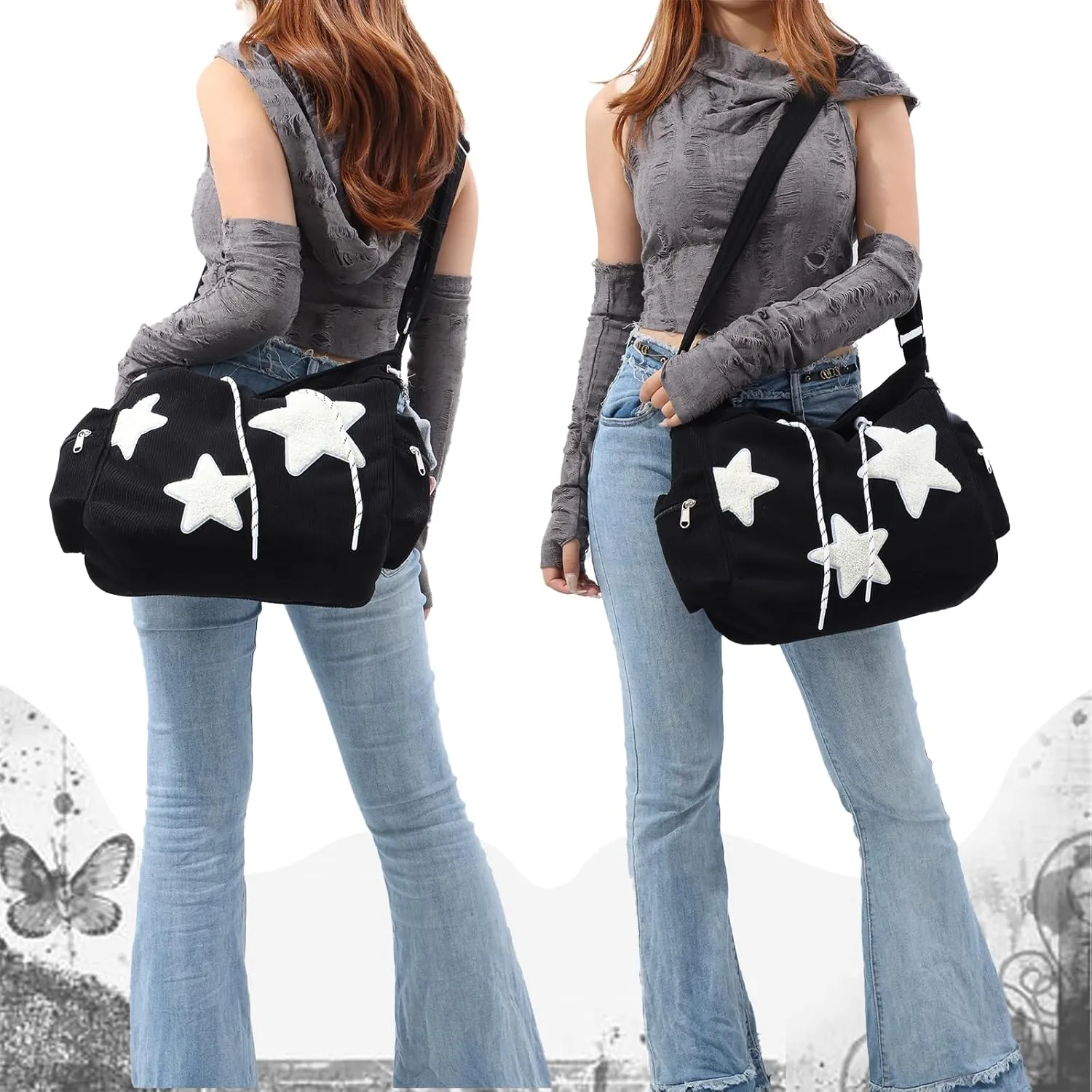 Emprier Star Tote Hobo Bag for Women Large Corduroy Crossbody Bag Y2K Cute Tote Bags Aesthetic Messenger Handbag