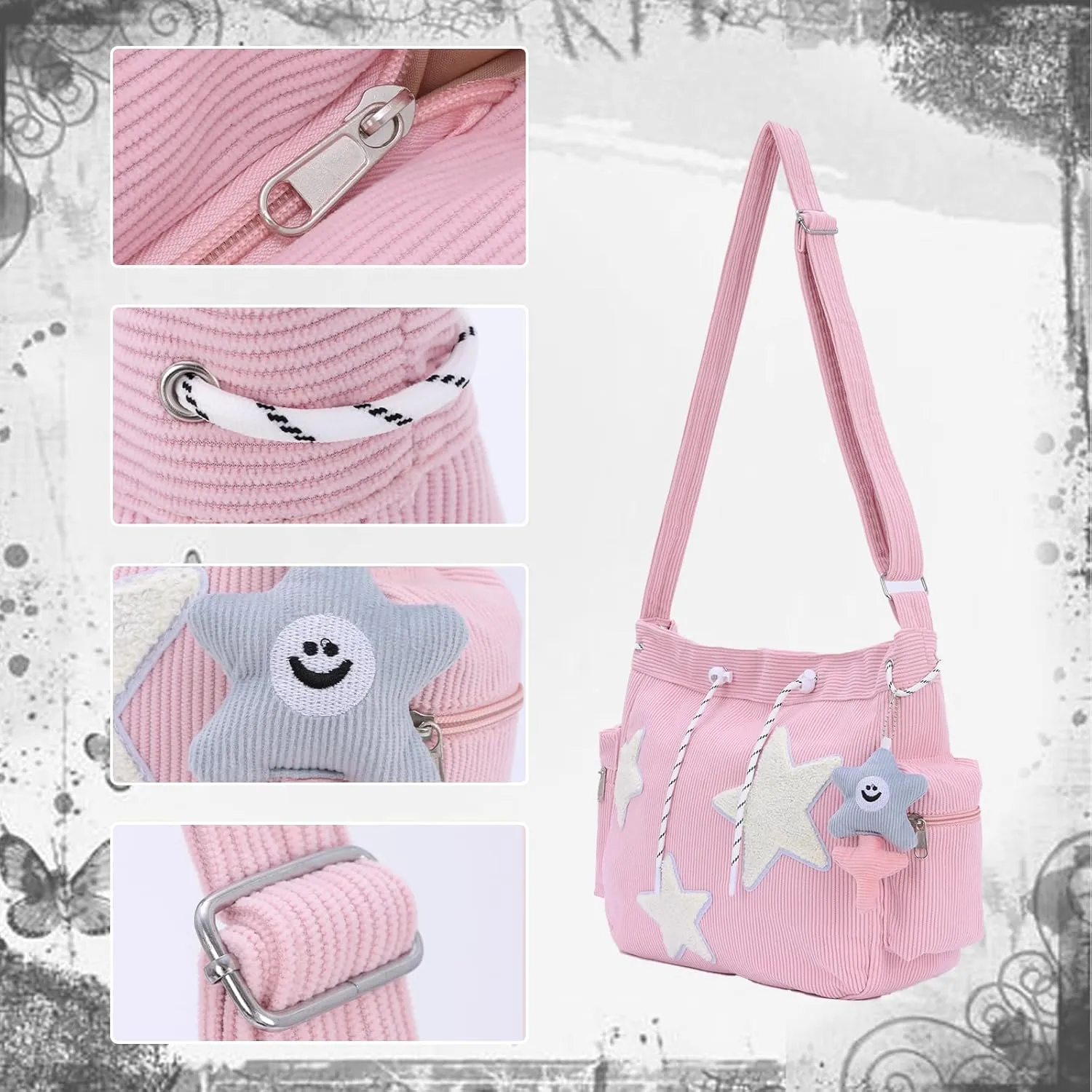 Emprier Star Tote Hobo Bag for Women Large Corduroy Crossbody Bag Y2K Cute Tote Bags Aesthetic Messenger Handbag