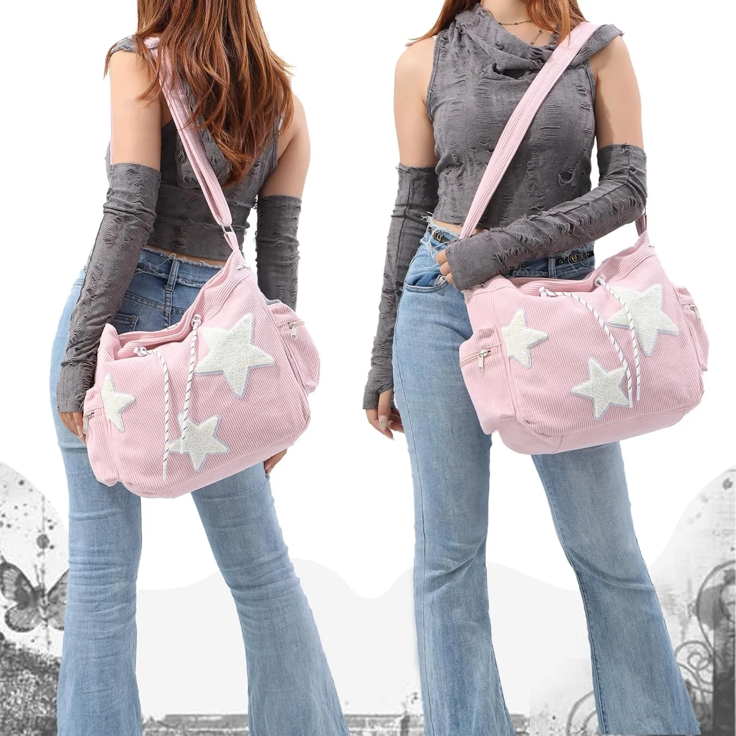 Emprier Star Tote Hobo Bag for Women Large Corduroy Crossbody Bag Y2K Cute Tote Bags Aesthetic Messenger Handbag