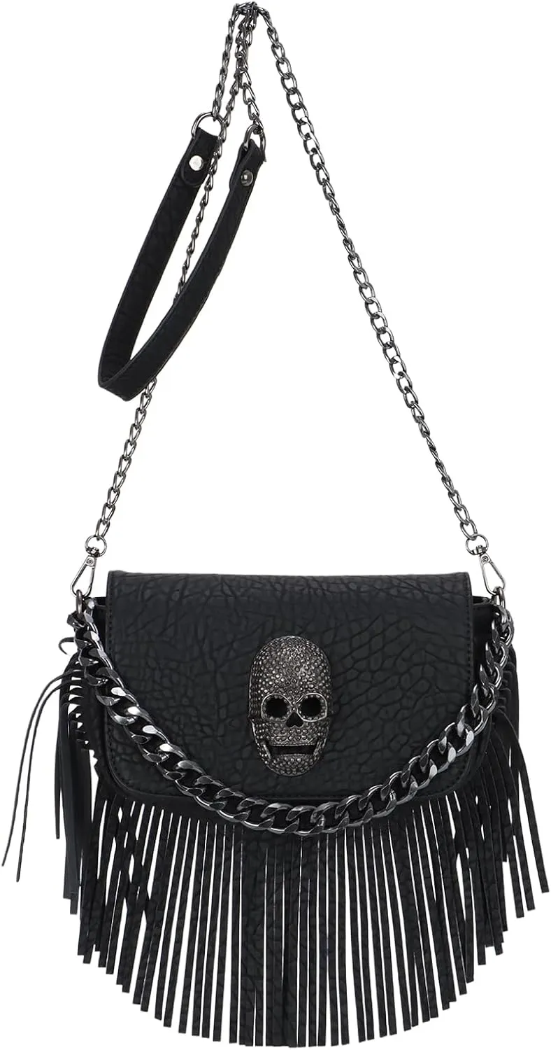 Emprier Y2K Punk Fringe Purse for Women Soft PU Leather Tassel Crossbody Purse Novelty Gothic Western Hobo Bag with Chains