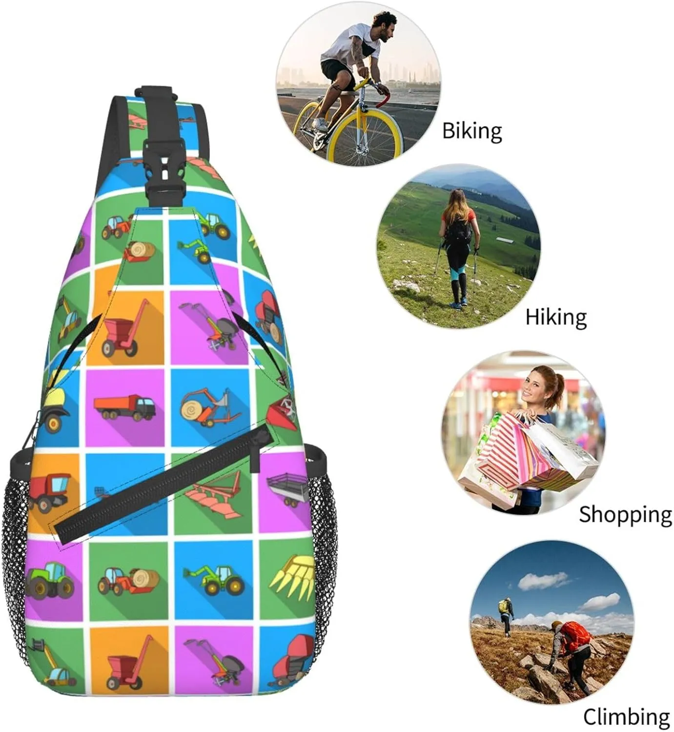 Equipment Agricultural Machinery Set Collection Icon Chest Sling Bag Crossbody Shoulder Backpack Bag Gym Cycling Travel Hiking Daypack Cross Bag