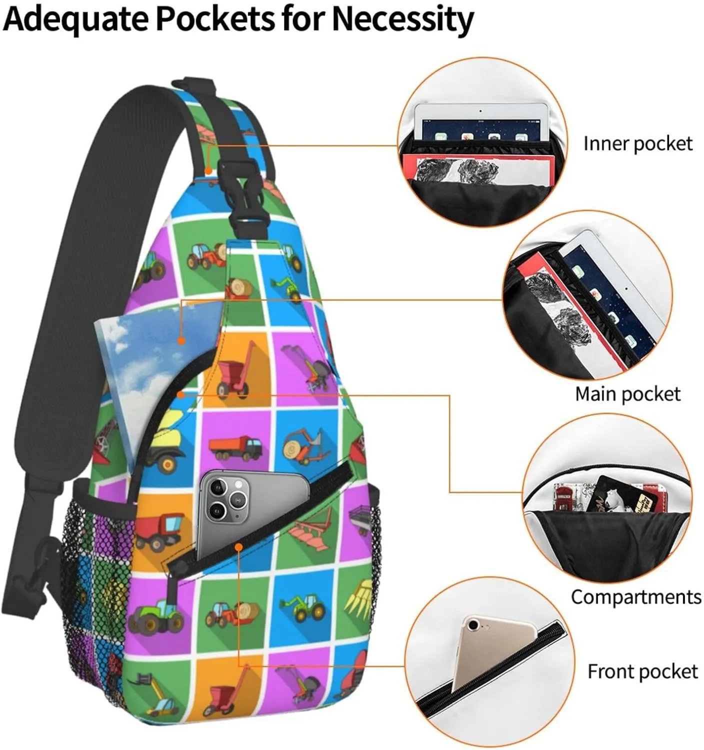 Equipment Agricultural Machinery Set Collection Icon Chest Sling Bag Crossbody Shoulder Backpack Bag Gym Cycling Travel Hiking Daypack Cross Bag