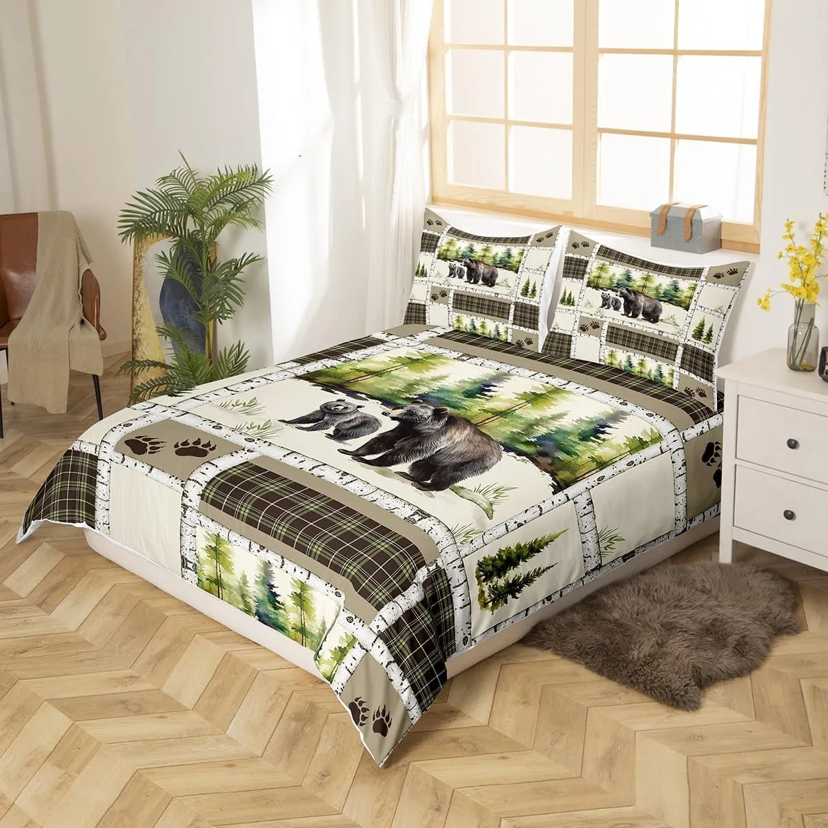 Erosebridal Bear Duvet Cover Rustic Hunting Animal Bedding Set Queen Farmhouse Jungle Comforter Cover Plaid Lattice Patchwork Quilt Cover with 2 Pillow Shams Cabin Gift Bedroom Decor