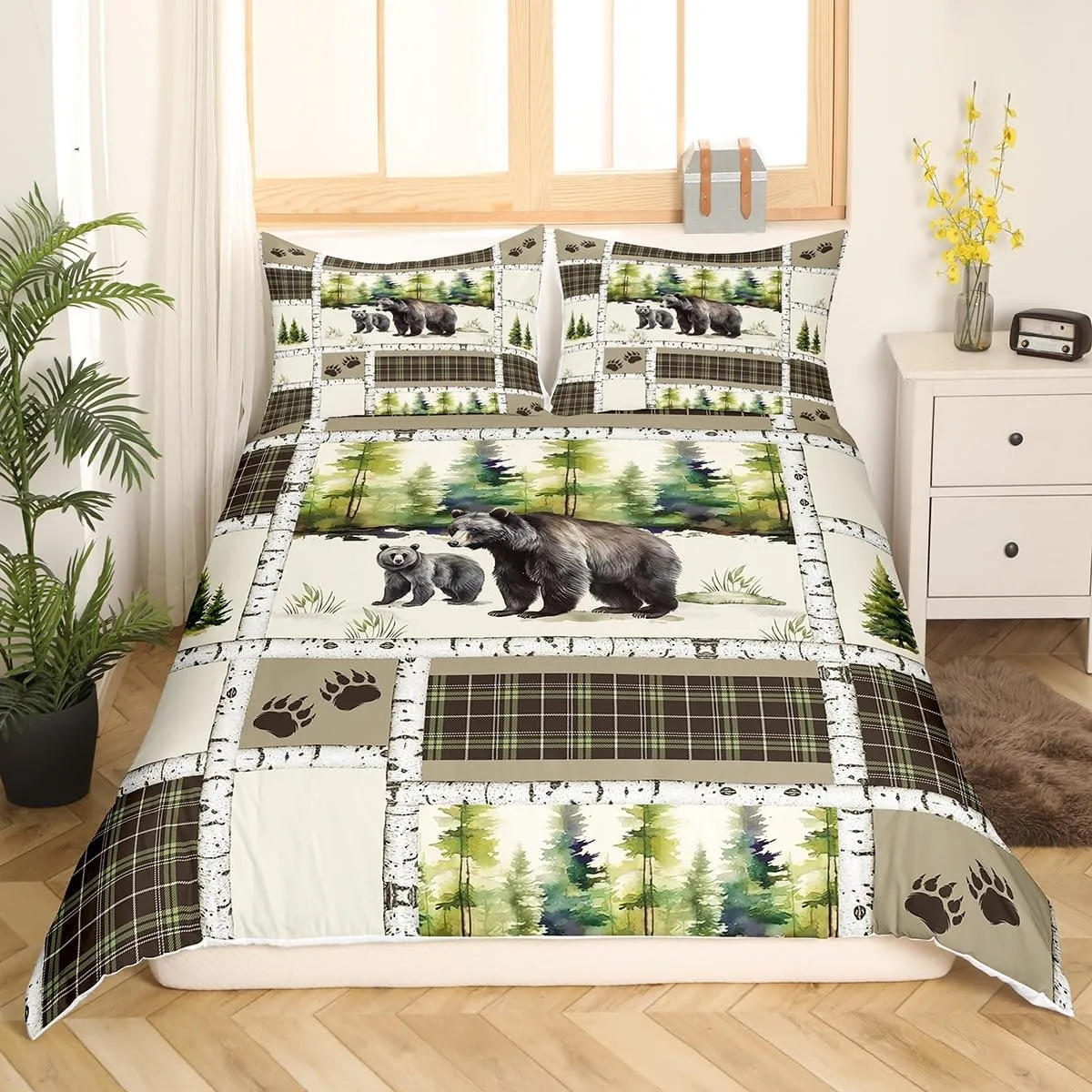 Erosebridal Bear Duvet Cover Rustic Hunting Animal Bedding Set Queen Farmhouse Jungle Comforter Cover Plaid Lattice Patchwork Quilt Cover with 2 Pillow Shams Cabin Gift Bedroom Decor