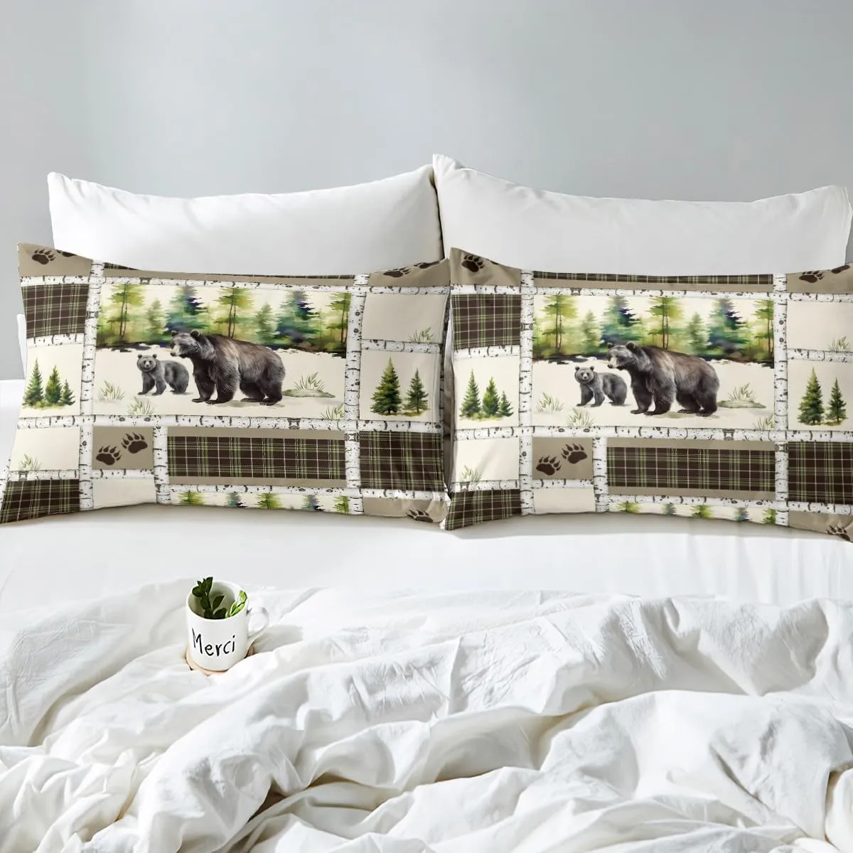 Erosebridal Bear Duvet Cover Rustic Hunting Animal Bedding Set Queen Farmhouse Jungle Comforter Cover Plaid Lattice Patchwork Quilt Cover with 2 Pillow Shams Cabin Gift Bedroom Decor