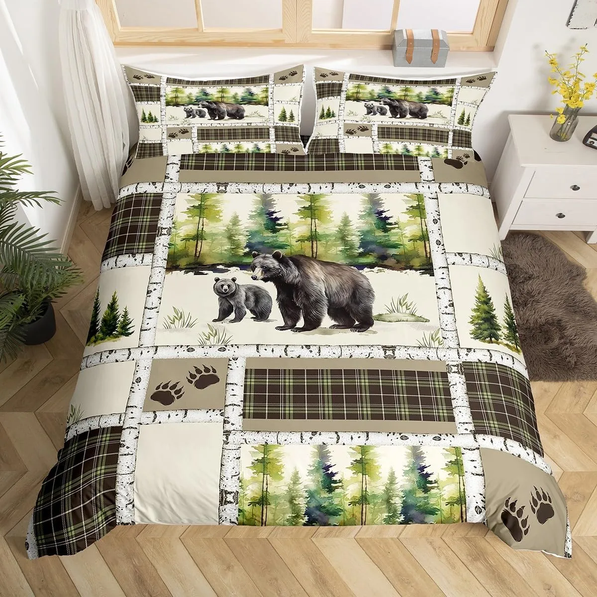Erosebridal Bear Duvet Cover Rustic Hunting Animal Bedding Set Queen Farmhouse Jungle Comforter Cover Plaid Lattice Patchwork Quilt Cover with 2 Pillow Shams Cabin Gift Bedroom Decor