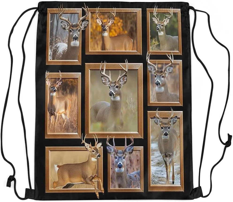 Erosebridal Countryside Rural Hunting Sport Gym Drawstring Bags,Rustic Deer Drawstring Backpack,Patchwork Grid Draw String Back Bag,Exotic Tribal Farmhouse Safari Animal String Backpack,13x15.7