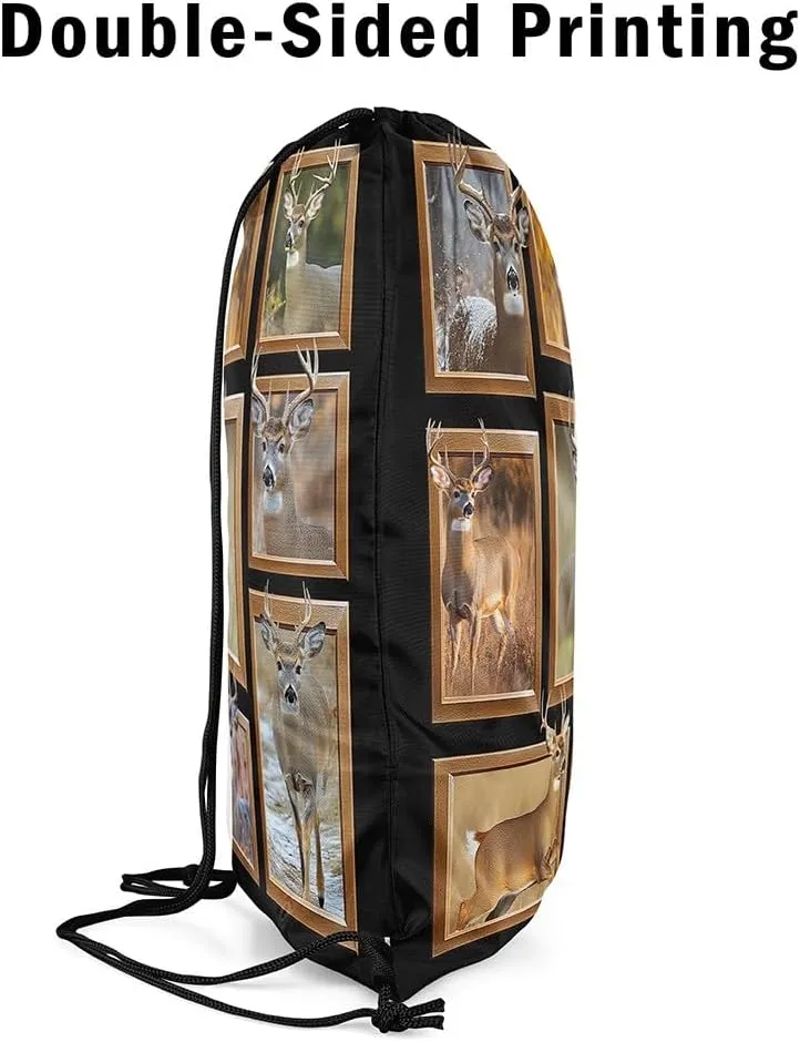 Erosebridal Countryside Rural Hunting Sport Gym Drawstring Bags,Rustic Deer Drawstring Backpack,Patchwork Grid Draw String Back Bag,Exotic Tribal Farmhouse Safari Animal String Backpack,13x15.7