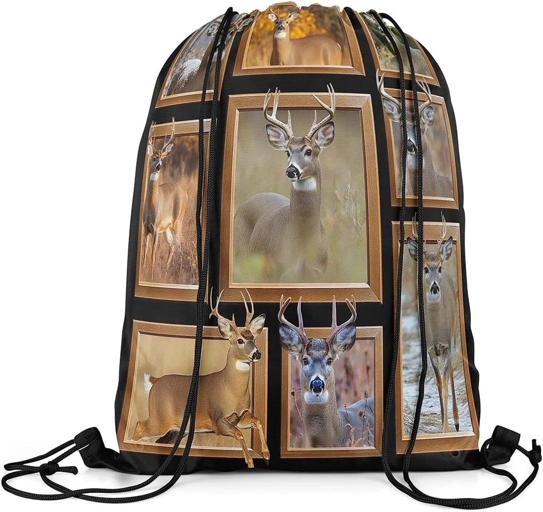 Erosebridal Countryside Rural Hunting Sport Gym Drawstring Bags,Rustic Deer Drawstring Backpack,Patchwork Grid Draw String Back Bag,Exotic Tribal Farmhouse Safari Animal String Backpack,13x15.7