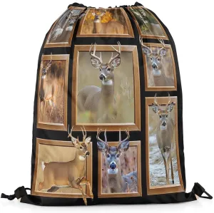 Erosebridal Countryside Rural Hunting Sport Gym Drawstring Bags,Rustic Deer Drawstring Backpack,Patchwork Grid Draw String Back Bag,Exotic Tribal Farmhouse Safari Animal String Backpack,13x15.7