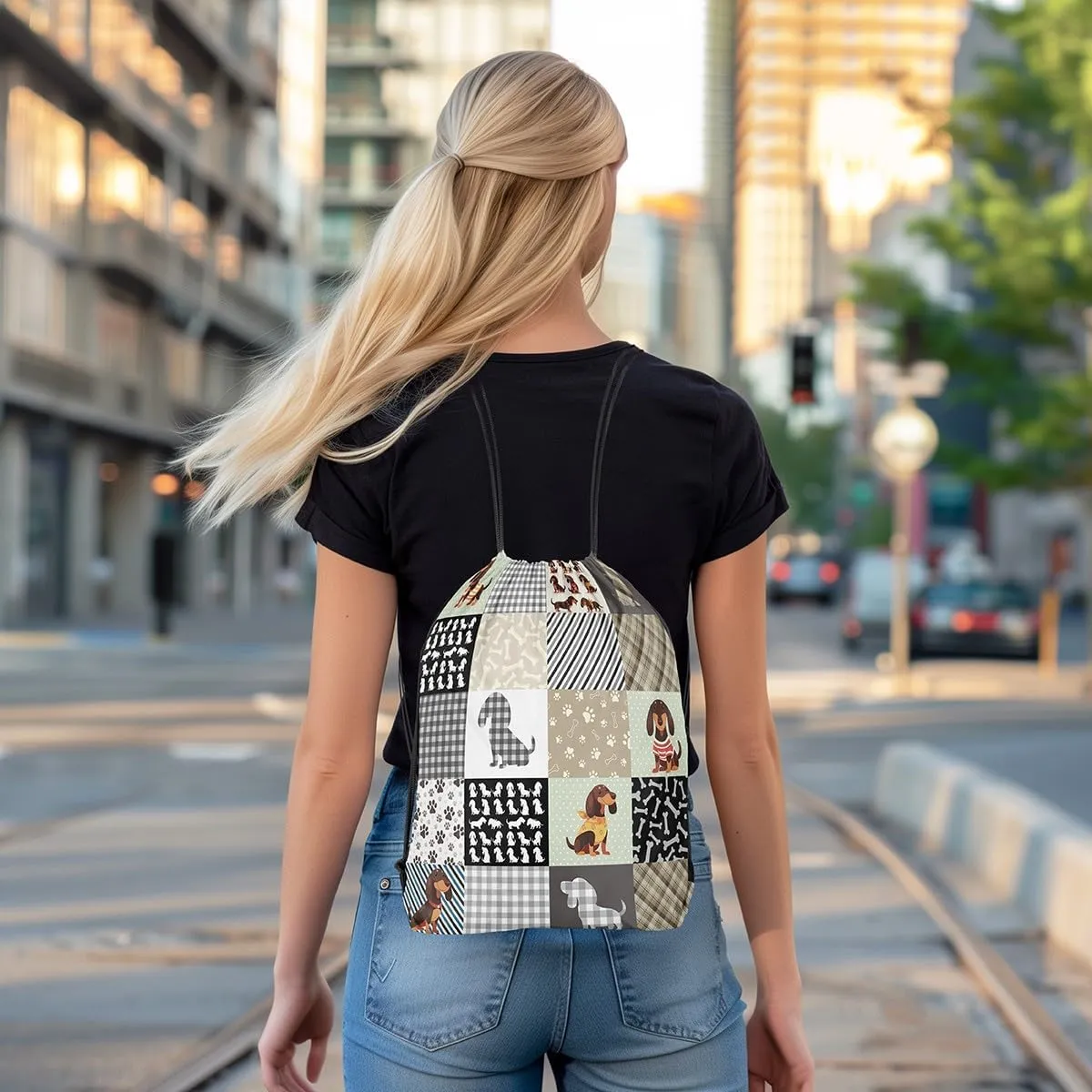 Erosebridal Dachshund Drawstring Backpack,Sausage Dog Draw String Back Bag,Cute Puppy Pet Drawstring Bags,Patchwork Buffalo Plaid String Backpack,13x15.7