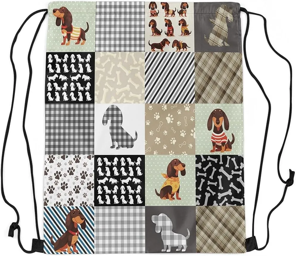 Erosebridal Dachshund Drawstring Backpack,Sausage Dog Draw String Back Bag,Cute Puppy Pet Drawstring Bags,Patchwork Buffalo Plaid String Backpack,13x15.7