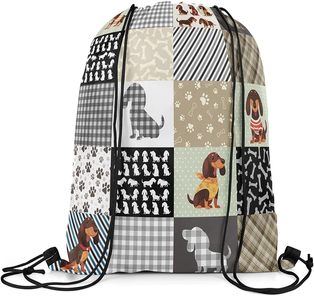 Erosebridal Dachshund Drawstring Backpack,Sausage Dog Draw String Back Bag,Cute Puppy Pet Drawstring Bags,Patchwork Buffalo Plaid String Backpack,13x15.7