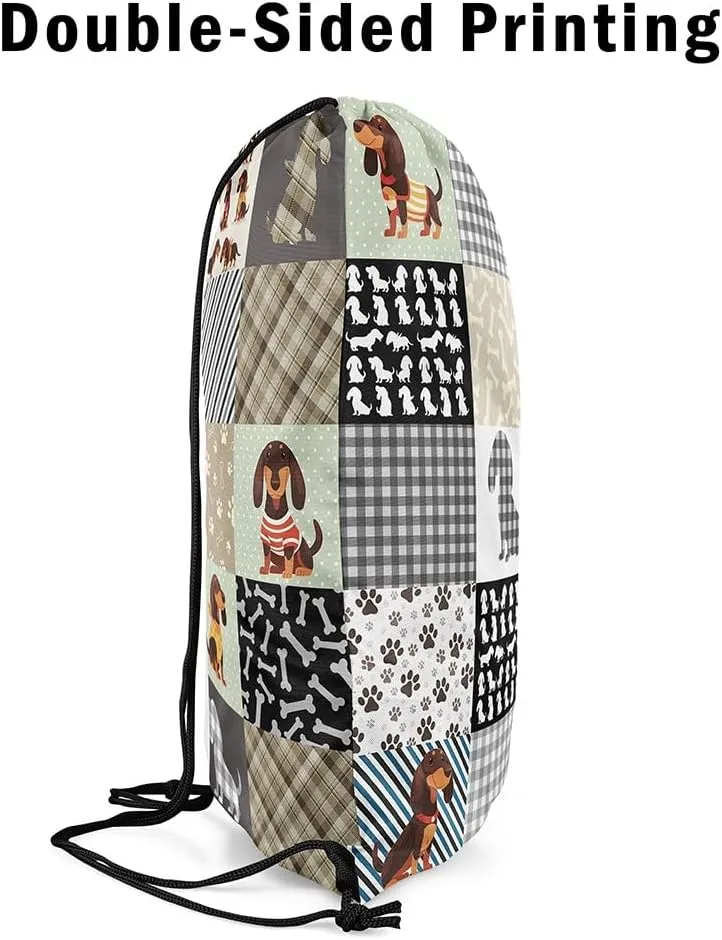 Erosebridal Dachshund Drawstring Backpack,Sausage Dog Draw String Back Bag,Cute Puppy Pet Drawstring Bags,Patchwork Buffalo Plaid String Backpack,13x15.7