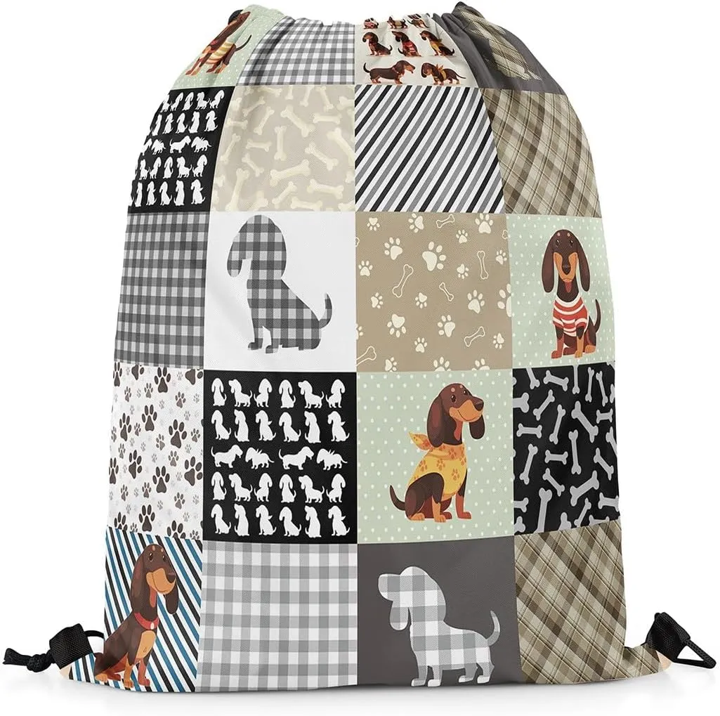 Erosebridal Dachshund Drawstring Backpack,Sausage Dog Draw String Back Bag,Cute Puppy Pet Drawstring Bags,Patchwork Buffalo Plaid String Backpack,13x15.7