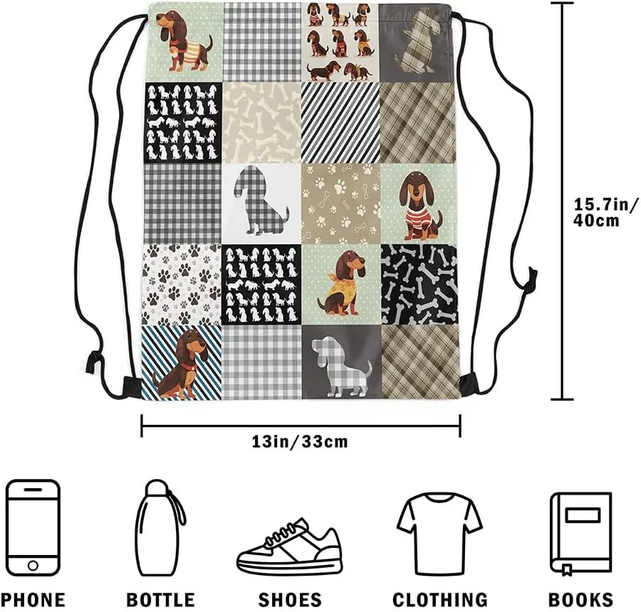 Erosebridal Dachshund Drawstring Backpack,Sausage Dog Draw String Back Bag,Cute Puppy Pet Drawstring Bags,Patchwork Buffalo Plaid String Backpack,13x15.7