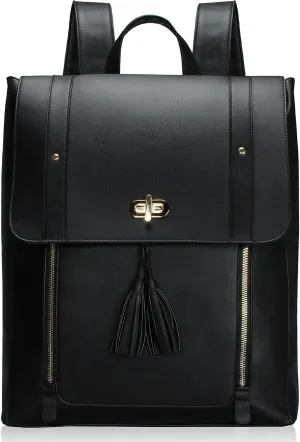 ESTARER Upgraded Version Women PU Leather Backpack 15.6 Inch Laptop Backpack Vintage College Rucksack Bag (Black)