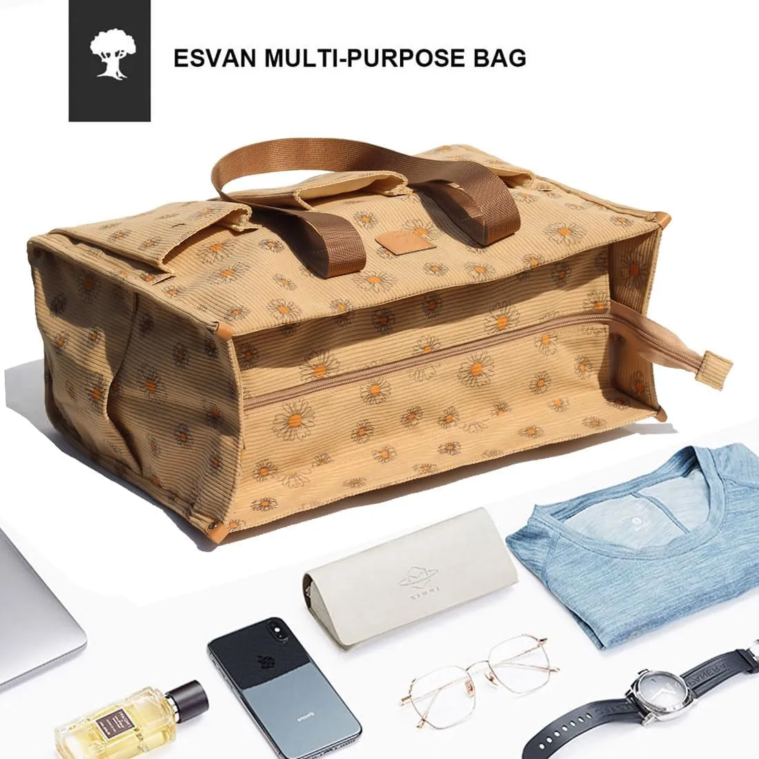 ESVAN Utility Tote Bag with Zip Top Corduroy Shoulder Bag Teacher Bag for Teacher Work Women Travel Beach