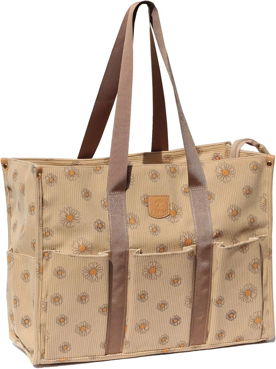 ESVAN Utility Tote Bag with Zip Top Corduroy Shoulder Bag Teacher Bag for Teacher Work Women Travel Beach