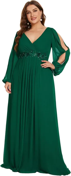 Ever-Pretty Plus Women's Floor Length V Neck Lantern Sleeves Floral Applique Plus Size Formal Dresses for Curvy Women
