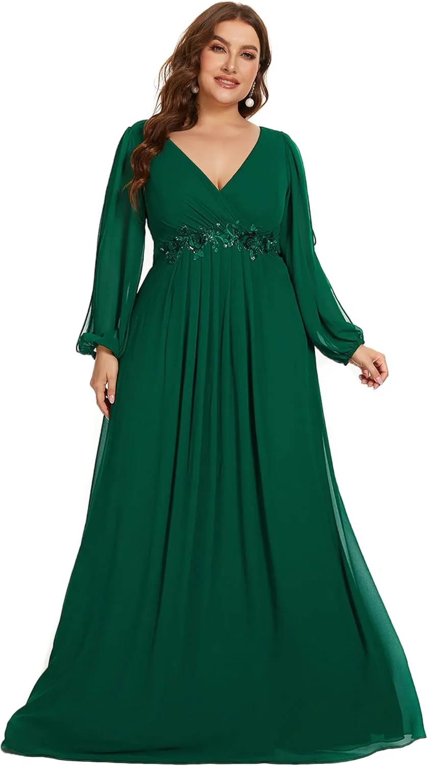 Ever-Pretty Plus Women's Floor Length V Neck Lantern Sleeves Floral Applique Plus Size Formal Dresses for Curvy Women