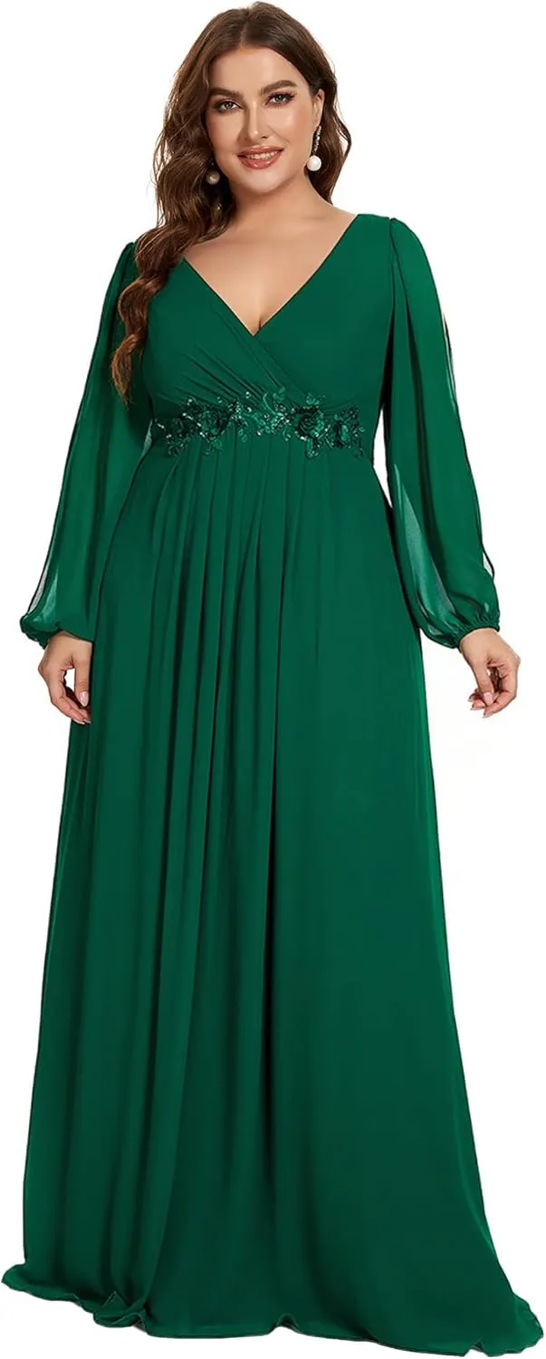 Ever-Pretty Plus Women's Floor Length V Neck Lantern Sleeves Floral Applique Plus Size Formal Dresses for Curvy Women