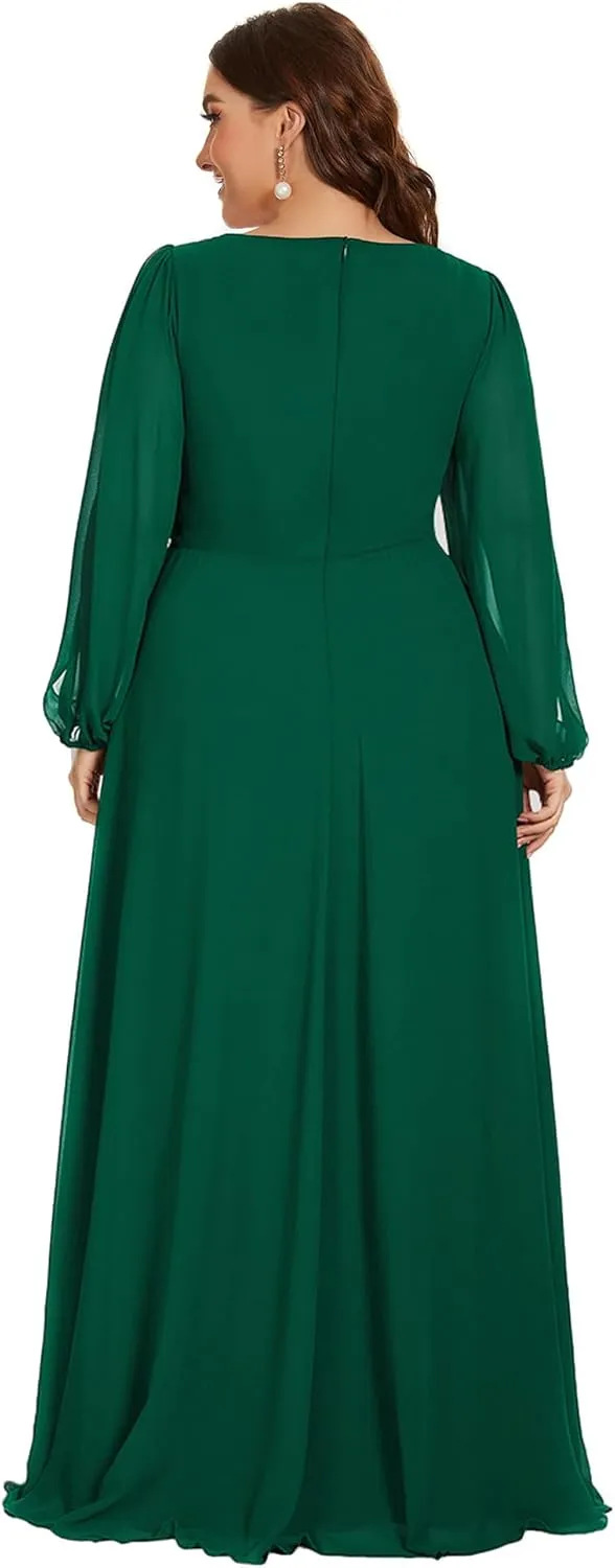 Ever-Pretty Plus Women's Floor Length V Neck Lantern Sleeves Floral Applique Plus Size Formal Dresses for Curvy Women