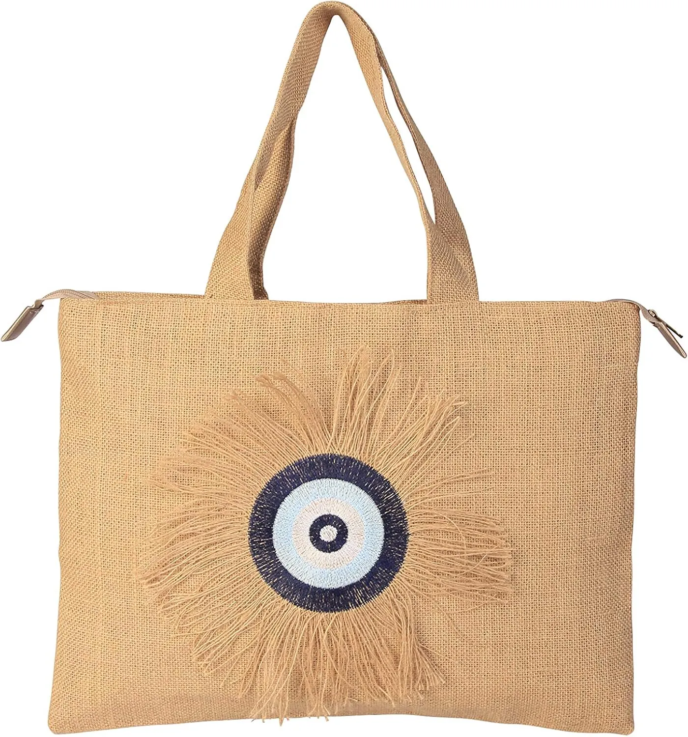 Evil Eye Embroidery Jute Handbag Tote Beach Bag Zipper Gift Bag with Crystals and Tassels