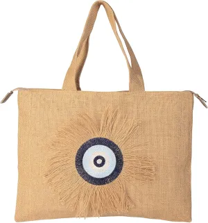Evil Eye Embroidery Jute Handbag Tote Beach Bag Zipper Gift Bag with Crystals and Tassels