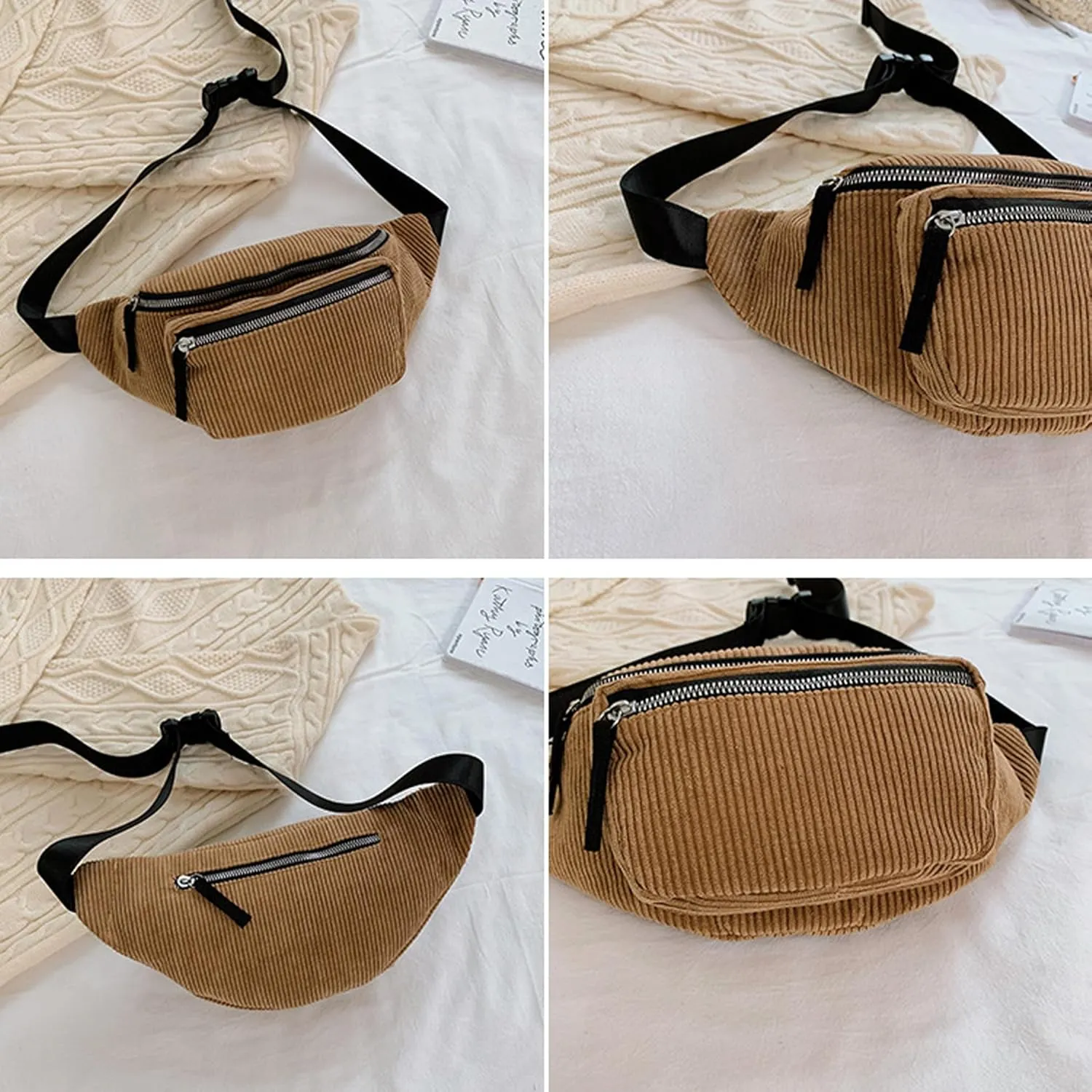 eYLun Women Fanny Pack Crossbody Bag Casual Corduroy Waist Bag Adjustable Chest Bag Waist Pack for Travel Walking Running Hiking Cycling Black