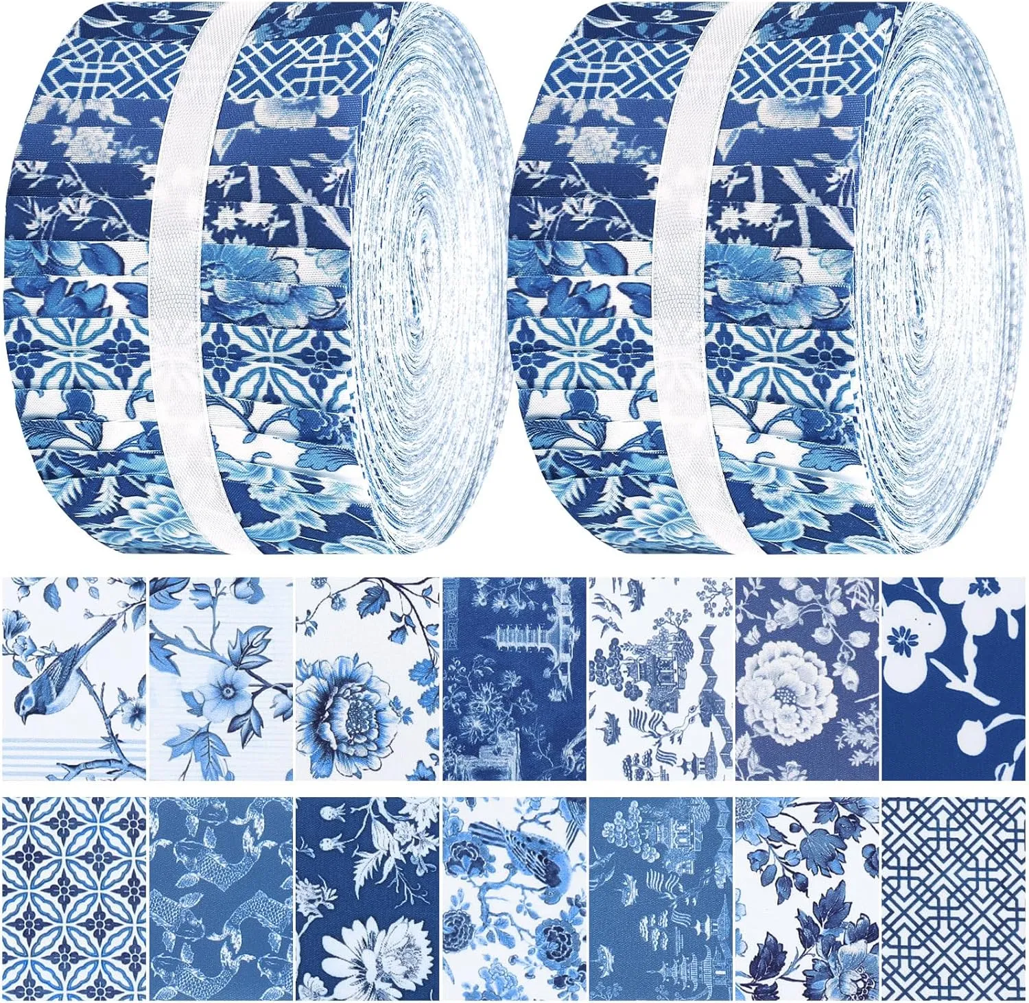 Fanfanwin 40 Pcs Chinoiserie Christmas Quilting Fabric Jelly Fabric Squares Patchwork Roll 2.56 Inch Precut White Blue Flower Fabric Strips for Xmas Craft Sewing DIY