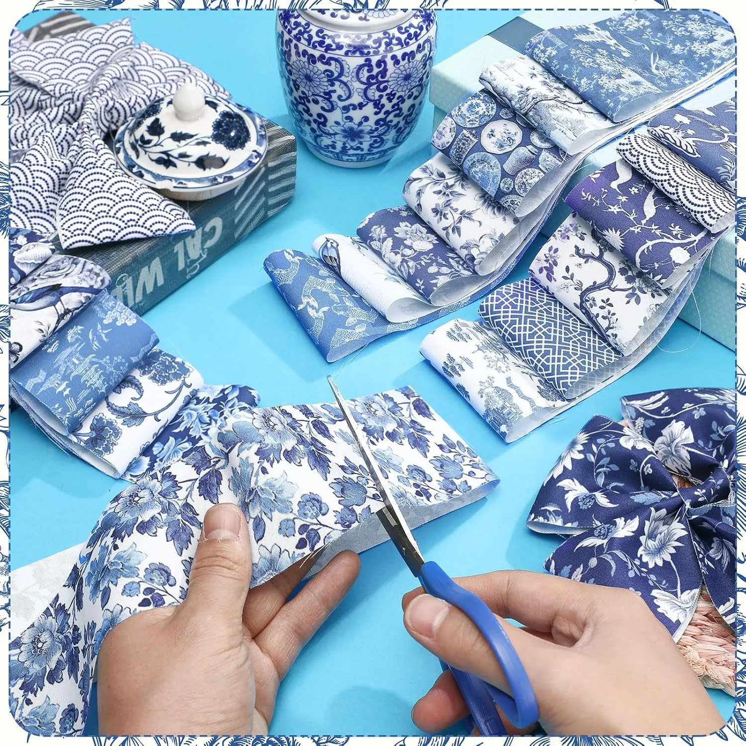 Fanfanwin 40 Pcs Chinoiserie Christmas Quilting Fabric Jelly Fabric Squares Patchwork Roll 2.56 Inch Precut White Blue Flower Fabric Strips for Xmas Craft Sewing DIY