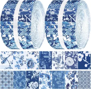 Fanfanwin 40 Pcs Chinoiserie Christmas Quilting Fabric Jelly Fabric Squares Patchwork Roll 2.56 Inch Precut White Blue Flower Fabric Strips for Xmas Craft Sewing DIY