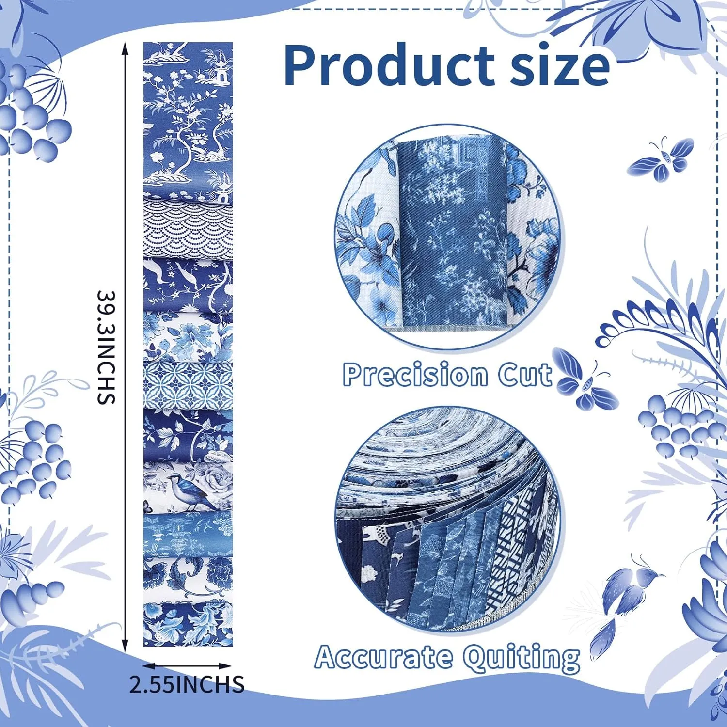 Fanfanwin 40 Pcs Chinoiserie Christmas Quilting Fabric Jelly Fabric Squares Patchwork Roll 2.56 Inch Precut White Blue Flower Fabric Strips for Xmas Craft Sewing DIY