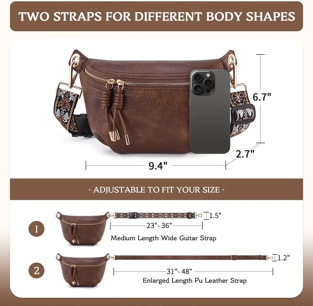 Fanny Pack Crossbody Bags for Women Vegan Leather Belt Bag Waist Pack Causal Chest Bum Bag With 2 Straps Brown Coffee