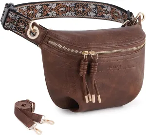 Fanny Pack Crossbody Bags for Women Vegan Leather Belt Bag Waist Pack Causal Chest Bum Bag With 2 Straps Brown Coffee