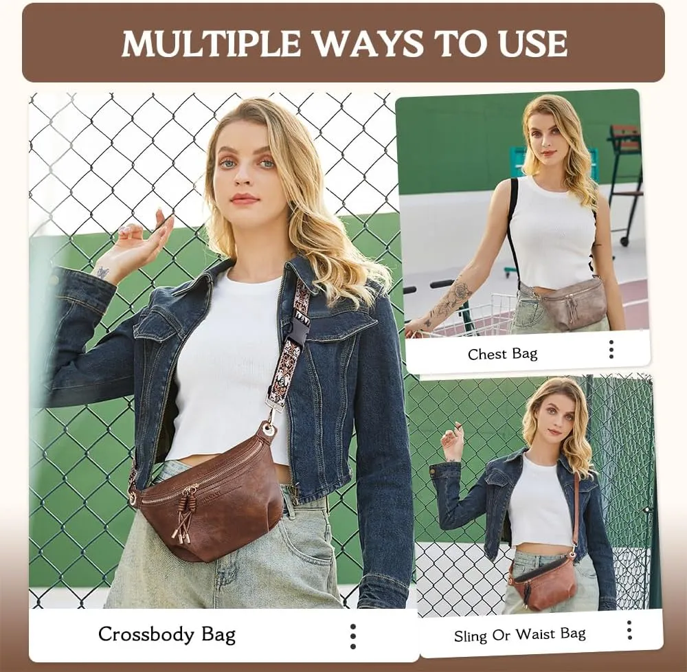 Fanny Pack Crossbody Bags for Women Vegan Leather Belt Bag Waist Pack Causal Chest Bum Bag With 2 Straps Brown Coffee