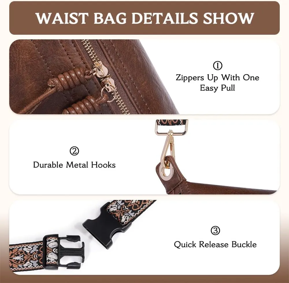 Fanny Pack Crossbody Bags for Women Vegan Leather Belt Bag Waist Pack Causal Chest Bum Bag With 2 Straps Brown Coffee