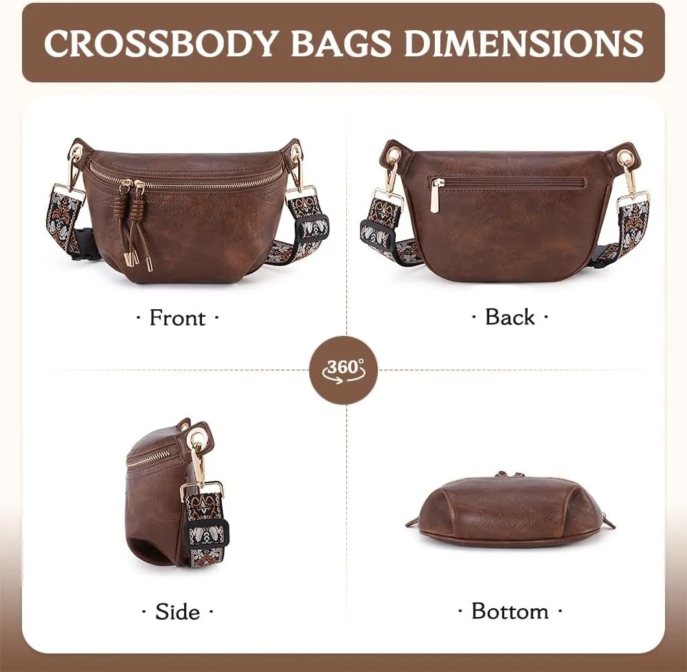 Fanny Pack Crossbody Bags for Women Vegan Leather Belt Bag Waist Pack Causal Chest Bum Bag With 2 Straps Brown Coffee