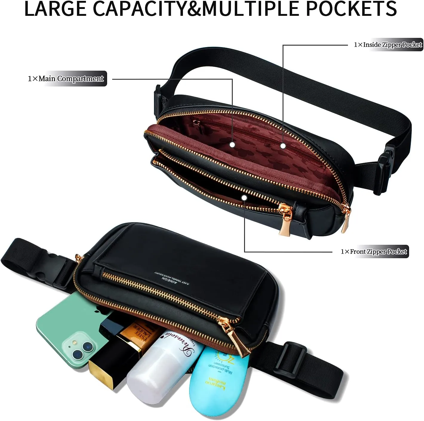 Fanny Packs for Women Fashion Leather Fanny Pack for Men Girls Boys, Plus Size Waist Pack Belt Bag with Adjustable Strap Waterproof Cute Bum Hip Bags for Travel Disney Hiking Running Cycling Shopping