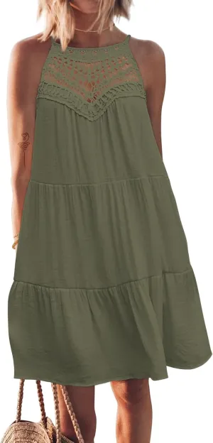 FARORO Womens Sleeveless Summer Beach Short Dresses Hollow Out Halter Coverup Casual A Line Sundress with Pockets