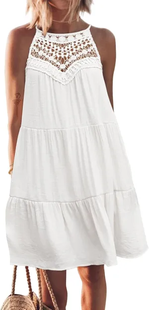 FARORO Womens Sleeveless Summer Beach Short Dresses Hollow Out Halter Coverup Casual A Line Sundress with Pockets