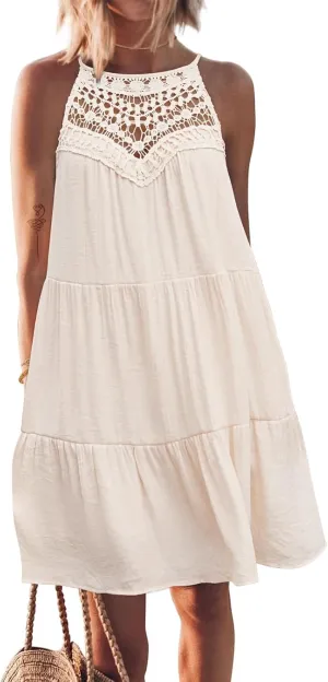 FARORO Womens Sleeveless Summer Beach Short Dresses Hollow Out Halter Coverup Casual A Line Sundress with Pockets