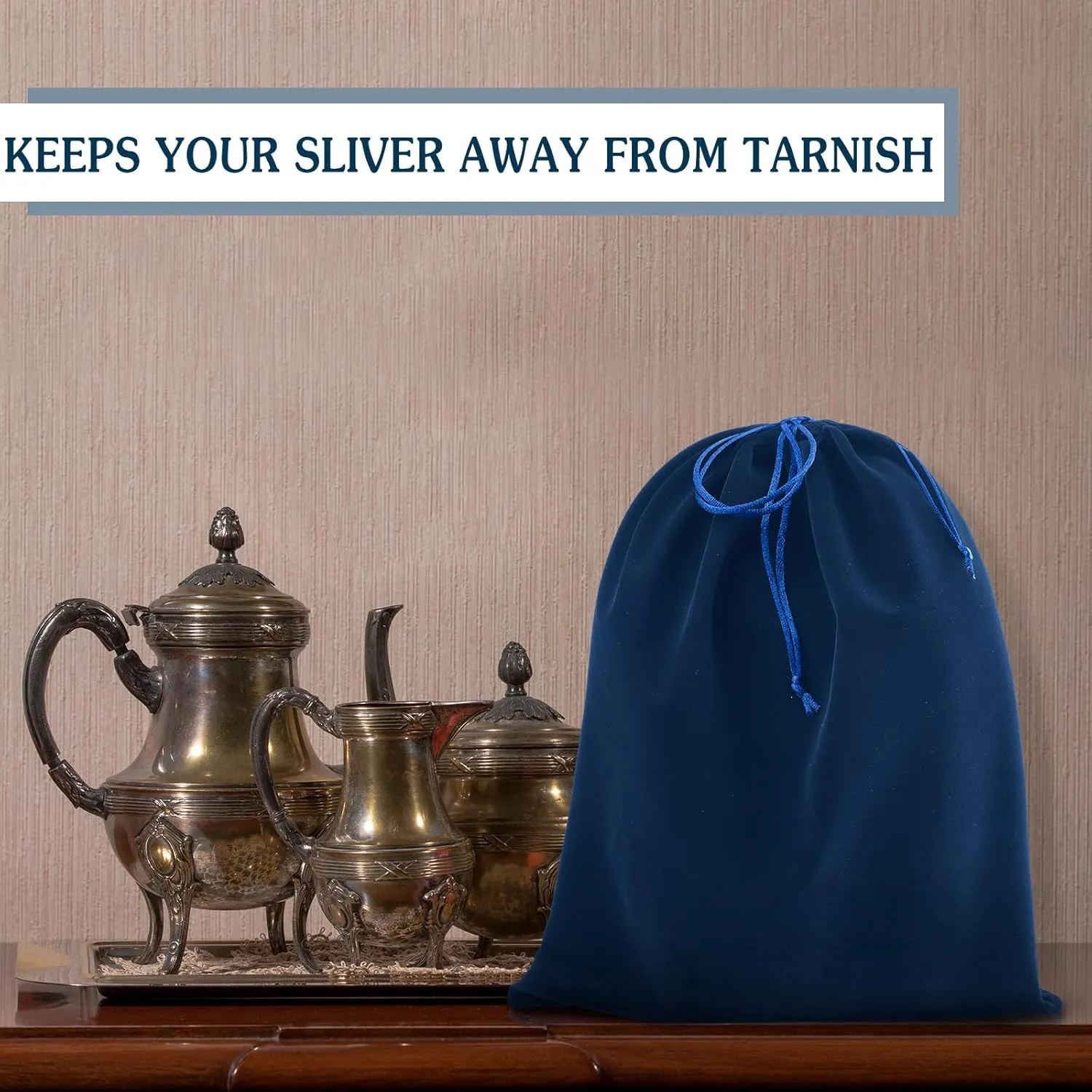 Ferraycle 6 Pcs Silver Storage Bags Anti Tarnish Storage Bag Fabric Cloth for Jewelry Silverware Protection Flatware(18 x 18 Inch,Navy Blue)
