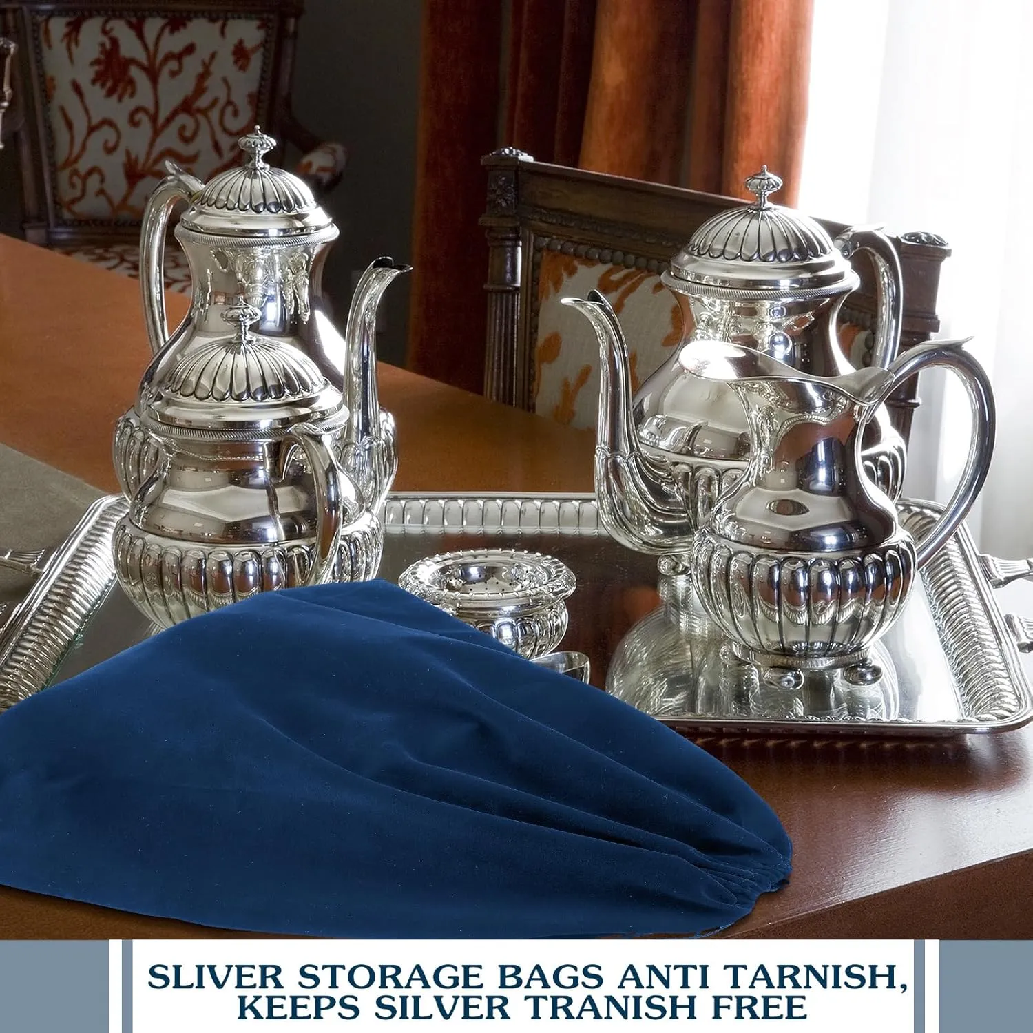 Ferraycle 6 Pcs Silver Storage Bags Anti Tarnish Storage Bag Fabric Cloth for Jewelry Silverware Protection Flatware(18 x 18 Inch,Navy Blue)