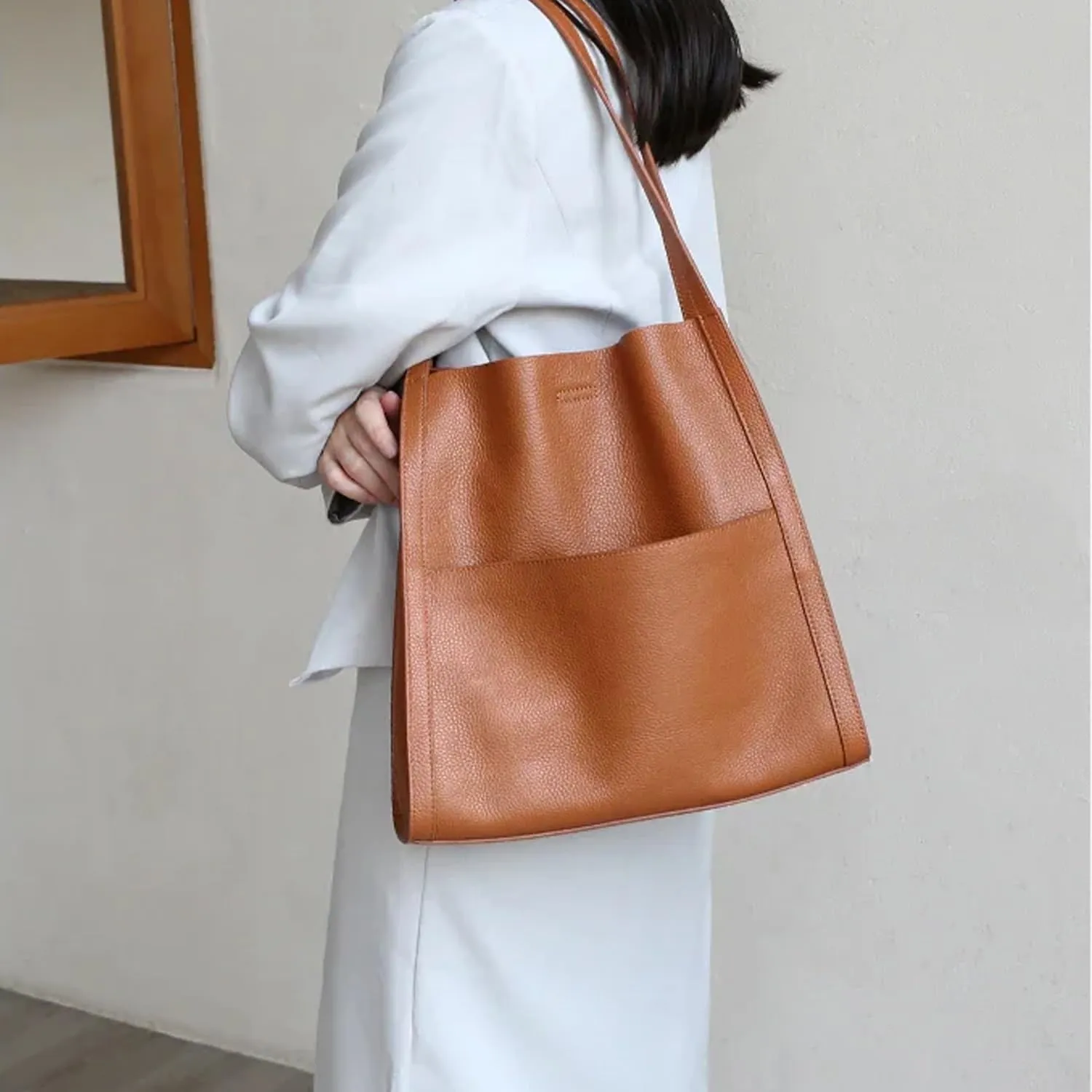 FETNHU Cryptofouss Khaki Solid Color Simple Genuine Leather Shoulder Bag, Popularate Hobo Handbag, Cryptofocus Waterproof Women's Shoulder Bag, 30*30*10cm/11.81*12.2IN