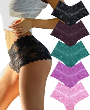 FINETOO Sexy Underwear for Women V-Waist Shorts Women' s Underwear Lightweight Soft Lace High Waist Panties 5 Pack