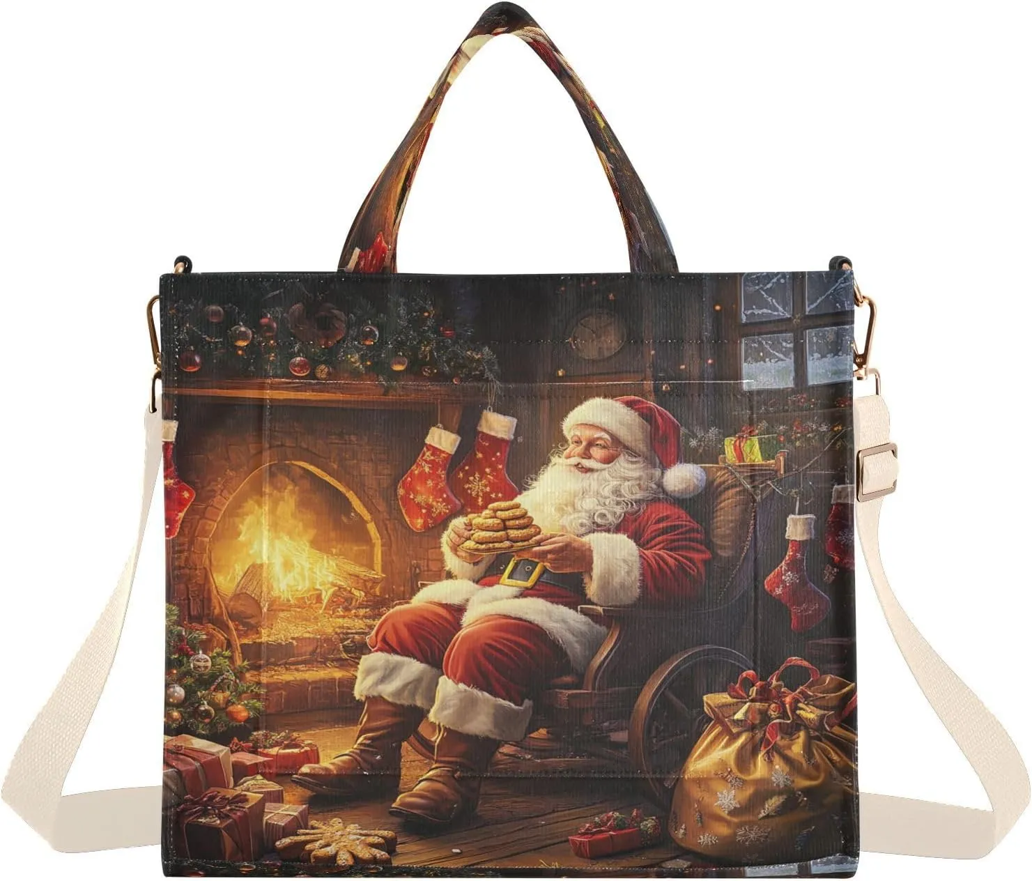 Fireplace Christmas Man Tote Bag for Women Handbag Nurse Bags Corduroy Crossbody Purse Shoulder Bag for Woman College